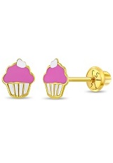 captivating 14k gold pink white enamel cupcake screw back baby earrings